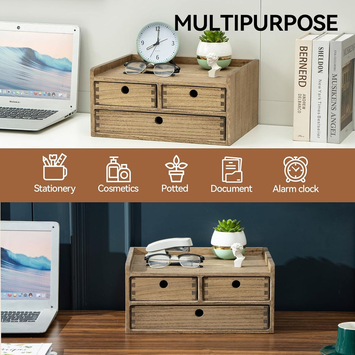 Wooden Desk Organizer 3-Tier Letter Tray and Paper Sorter, Brown