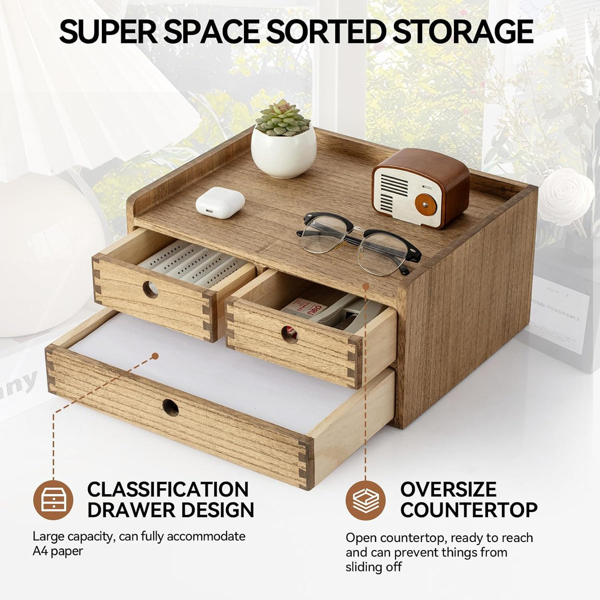 Wooden Desk Organizer 3-Tier Letter Tray and Paper Sorter, Brown