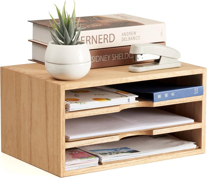 Wooden Desk Organizer 3-Tier Letter Tray and Paper Sorter, Brown