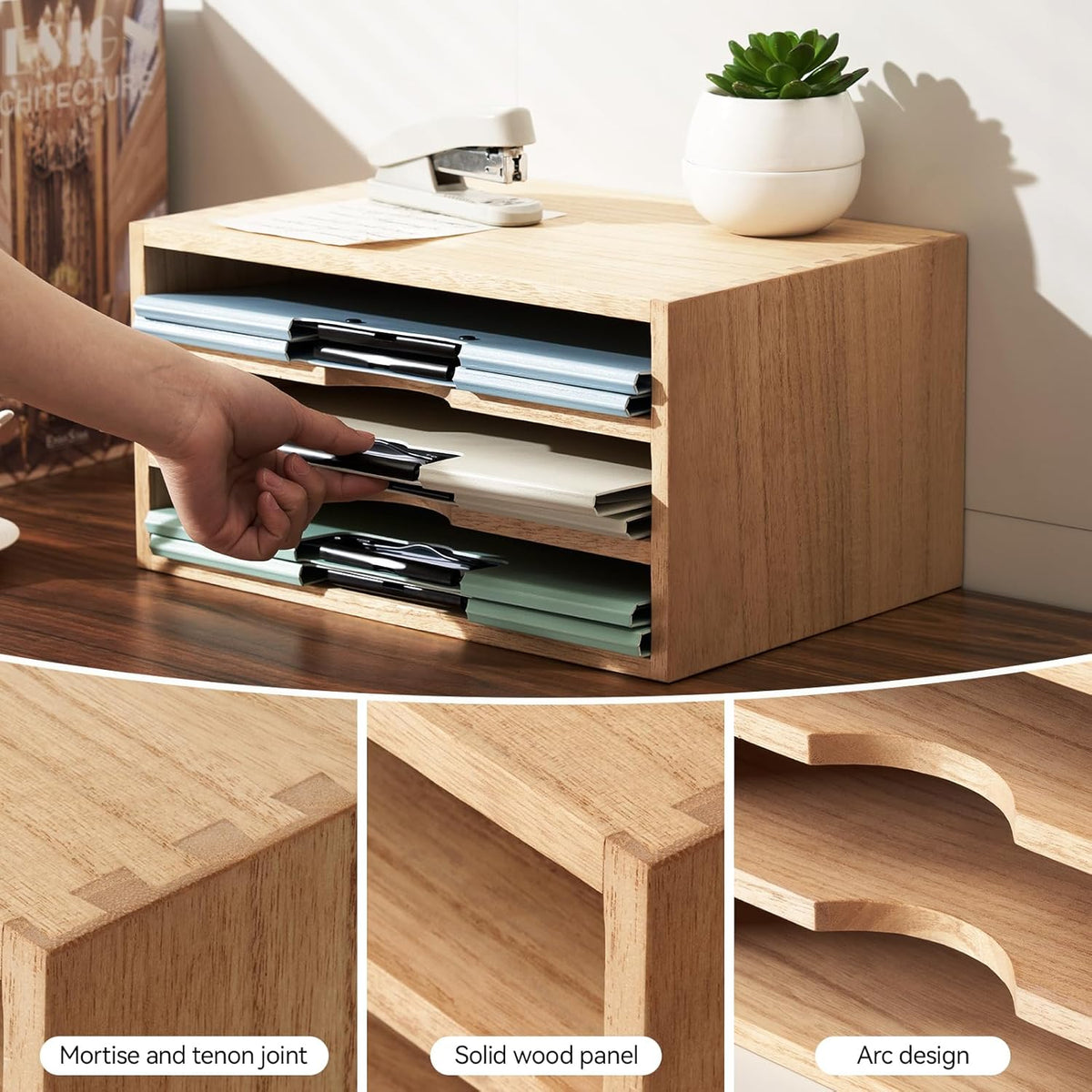 Wooden Desk Organizer 3-Tier Letter Tray and Paper Sorter, Brown