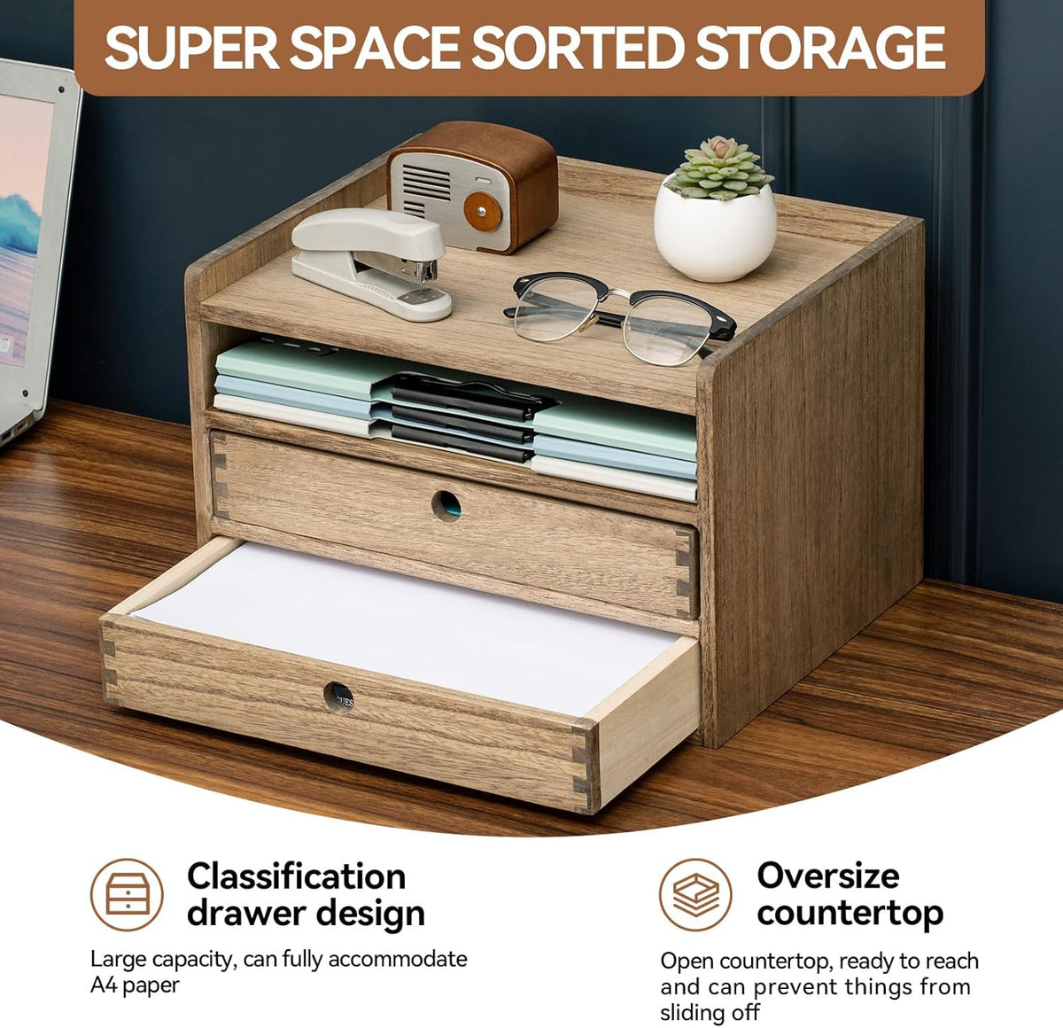 Wooden Desk Organizer 3-Tier Letter Tray and Paper Sorter, Brown