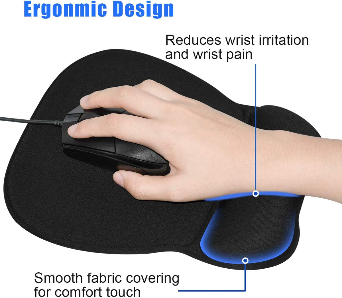 Ergonomic Mouse Pad with Gel Wrist Rest, 9.2 x 8.1 in, Black
