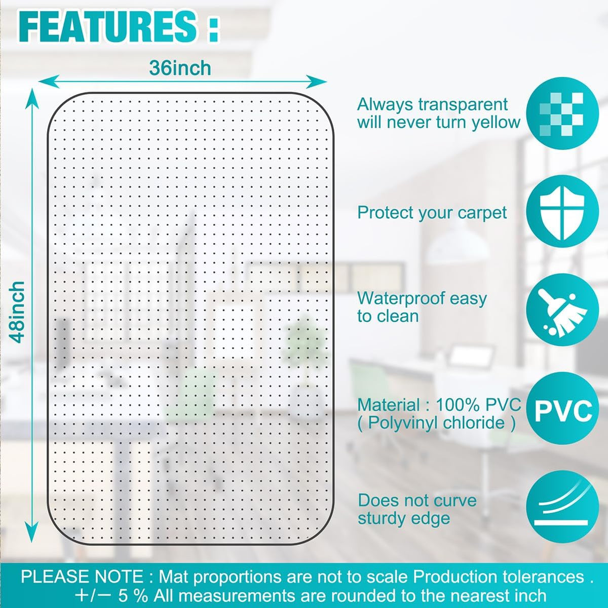Office Chair Mat for Carpet, 30" x 48", Clear