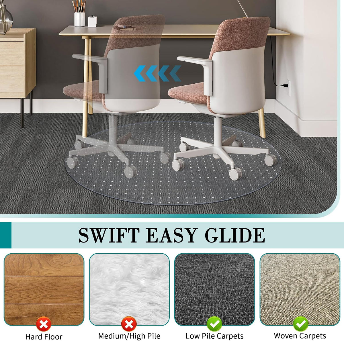 Office Chair Mat for Carpet, 30" x 48", Clear