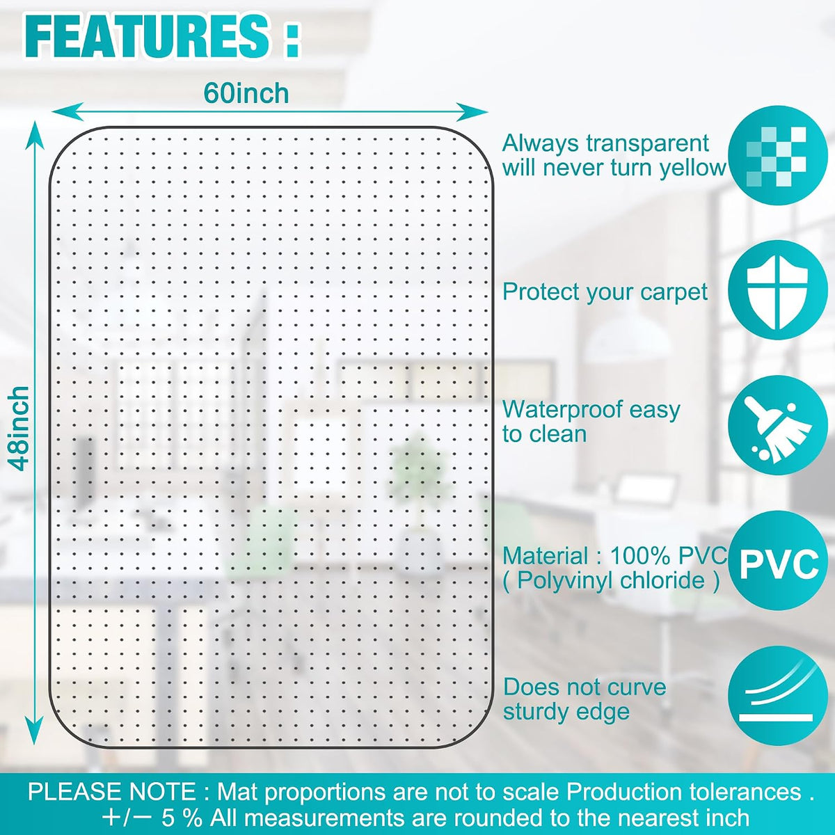 Office Chair Mat for Carpet, 30" x 48", Clear