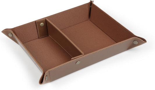 PU Vegan Leather Valet Tray for Men — Catchall EDC for Keys, Wallet, Watch, AirPods — Nightstand & Entryway Tray, Snap Corners Fold Flat for Travel, 9.45 x 7.87 in, Light Brown