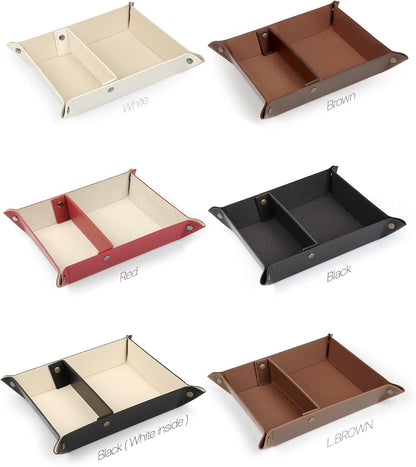 PU Vegan Leather Valet Tray for Men — Catchall EDC for Keys, Wallet, Watch, AirPods — Nightstand & Entryway Tray, Snap Corners Fold Flat for Travel, 9.45 x 7.87 in, Light Brown