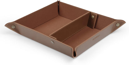 PU Vegan Leather Valet Tray for Men — Catchall EDC for Keys, Wallet, Watch, AirPods — Nightstand & Entryway Tray, Snap Corners Fold Flat for Travel, 9.45 x 7.87 in, Light Brown