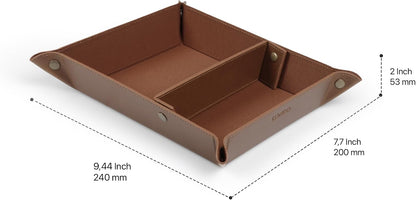 PU Vegan Leather Valet Tray for Men — Catchall EDC for Keys, Wallet, Watch, AirPods — Nightstand & Entryway Tray, Snap Corners Fold Flat for Travel, 9.45 x 7.87 in, Light Brown