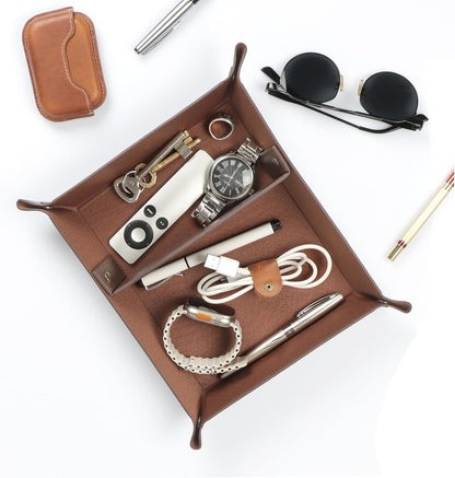 PU Vegan Leather Valet Tray for Men — Catchall EDC for Keys, Wallet, Watch, AirPods — Nightstand & Entryway Tray, Snap Corners Fold Flat for Travel, 9.45 x 7.87 in, Light Brown