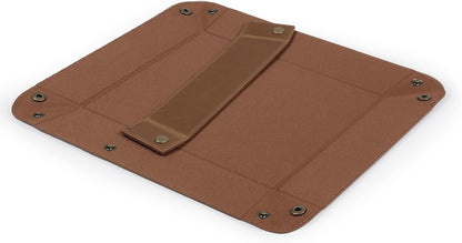 PU Vegan Leather Valet Tray for Men — Catchall EDC for Keys, Wallet, Watch, AirPods — Nightstand & Entryway Tray, Snap Corners Fold Flat for Travel, 9.45 x 7.87 in, Light Brown