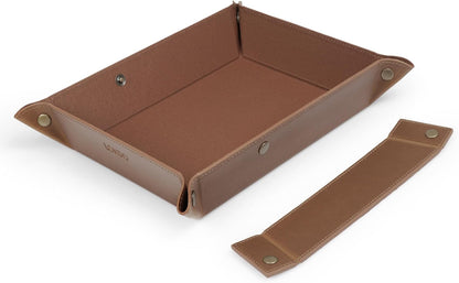 PU Vegan Leather Valet Tray for Men — Catchall EDC for Keys, Wallet, Watch, AirPods — Nightstand & Entryway Tray, Snap Corners Fold Flat for Travel, 9.45 x 7.87 in, Light Brown