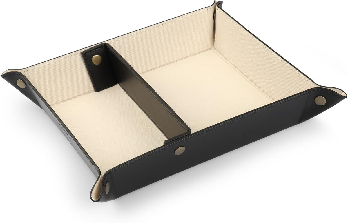PU Vegan Leather Valet Tray for Men — Catchall EDC for Keys, Wallet, Watch, AirPods — Nightstand & Entryway Tray, Snap Corners Fold Flat for Travel, 9.45 x 7.87 in, Light Brown