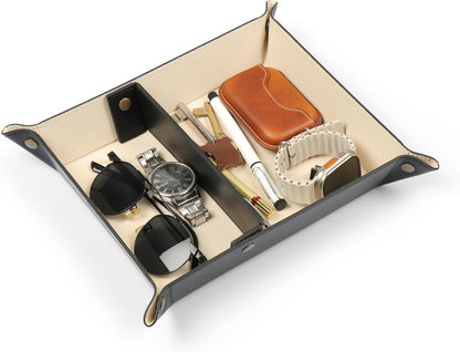 PU Vegan Leather Valet Tray for Men — Catchall EDC for Keys, Wallet, Watch, AirPods — Nightstand & Entryway Tray, Snap Corners Fold Flat for Travel, 9.45 x 7.87 in, Light Brown