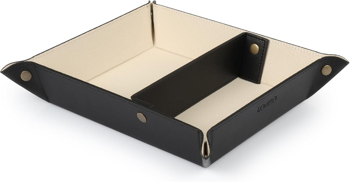 PU Vegan Leather Valet Tray for Men — Catchall EDC for Keys, Wallet, Watch, AirPods — Nightstand & Entryway Tray, Snap Corners Fold Flat for Travel, 9.45 x 7.87 in, Light Brown