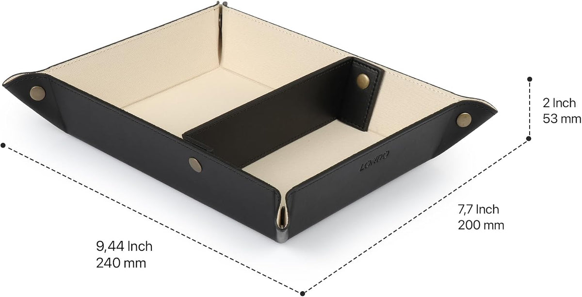 PU Vegan Leather Valet Tray for Men — Catchall EDC for Keys, Wallet, Watch, AirPods — Nightstand & Entryway Tray, Snap Corners Fold Flat for Travel, 9.45 x 7.87 in, Light Brown