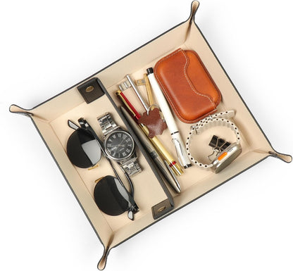 PU Vegan Leather Valet Tray for Men — Catchall EDC for Keys, Wallet, Watch, AirPods — Nightstand & Entryway Tray, Snap Corners Fold Flat for Travel, 9.45 x 7.87 in, Light Brown