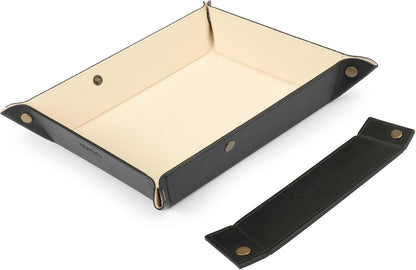 PU Vegan Leather Valet Tray for Men — Catchall EDC for Keys, Wallet, Watch, AirPods — Nightstand & Entryway Tray, Snap Corners Fold Flat for Travel, 9.45 x 7.87 in, Light Brown