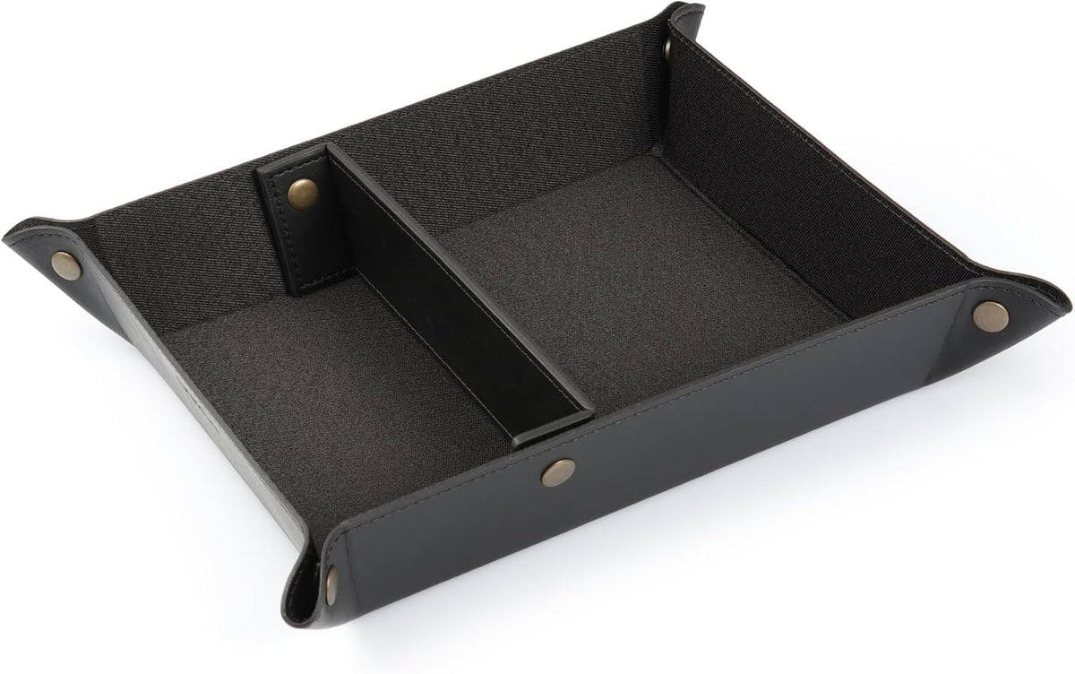 PU Vegan Leather Valet Tray for Men — Catchall EDC for Keys, Wallet, Watch, AirPods — Nightstand & Entryway Tray, Snap Corners Fold Flat for Travel, 9.45 x 7.87 in, Light Brown