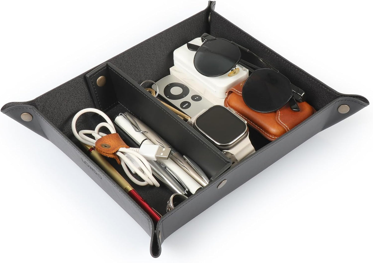PU Vegan Leather Valet Tray for Men — Catchall EDC for Keys, Wallet, Watch, AirPods — Nightstand & Entryway Tray, Snap Corners Fold Flat for Travel, 9.45 x 7.87 in, Light Brown