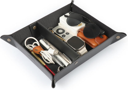 PU Vegan Leather Valet Tray for Men — Catchall EDC for Keys, Wallet, Watch, AirPods — Nightstand & Entryway Tray, Snap Corners Fold Flat for Travel, 9.45 x 7.87 in, Light Brown