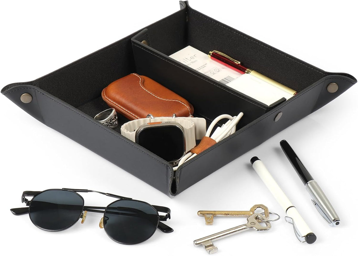 PU Vegan Leather Valet Tray for Men — Catchall EDC for Keys, Wallet, Watch, AirPods — Nightstand & Entryway Tray, Snap Corners Fold Flat for Travel, 9.45 x 7.87 in, Light Brown