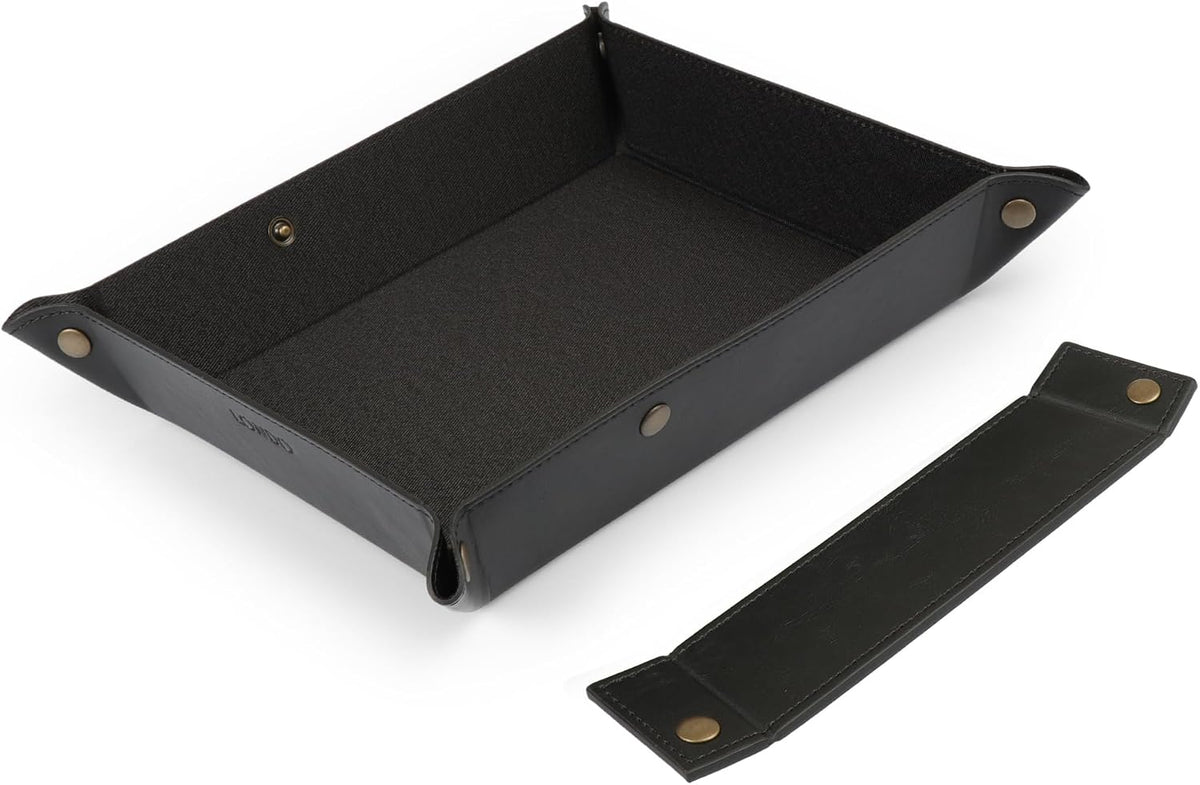 PU Vegan Leather Valet Tray for Men — Catchall EDC for Keys, Wallet, Watch, AirPods — Nightstand & Entryway Tray, Snap Corners Fold Flat for Travel, 9.45 x 7.87 in, Light Brown