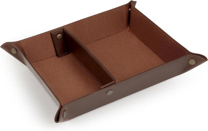 PU Vegan Leather Valet Tray for Men — Catchall EDC for Keys, Wallet, Watch, AirPods — Nightstand & Entryway Tray, Snap Corners Fold Flat for Travel, 9.45 x 7.87 in, Light Brown