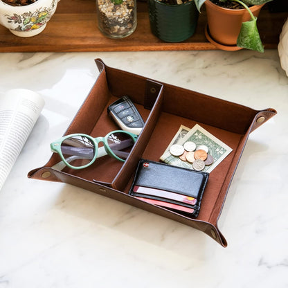 PU Vegan Leather Valet Tray for Men — Catchall EDC for Keys, Wallet, Watch, AirPods — Nightstand & Entryway Tray, Snap Corners Fold Flat for Travel, 9.45 x 7.87 in, Light Brown