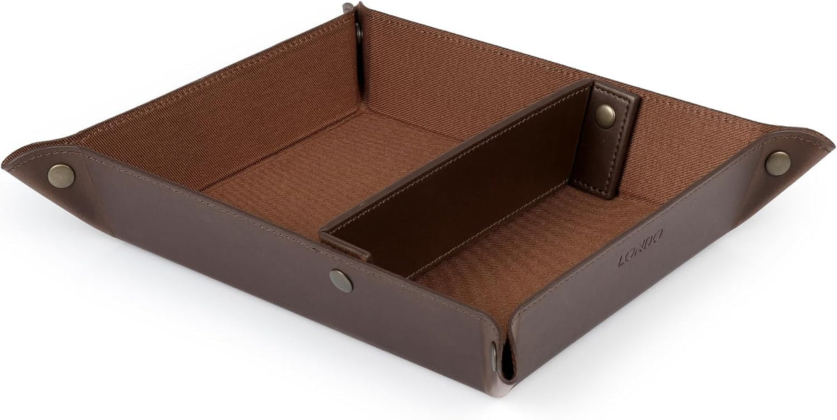 PU Vegan Leather Valet Tray for Men — Catchall EDC for Keys, Wallet, Watch, AirPods — Nightstand & Entryway Tray, Snap Corners Fold Flat for Travel, 9.45 x 7.87 in, Light Brown
