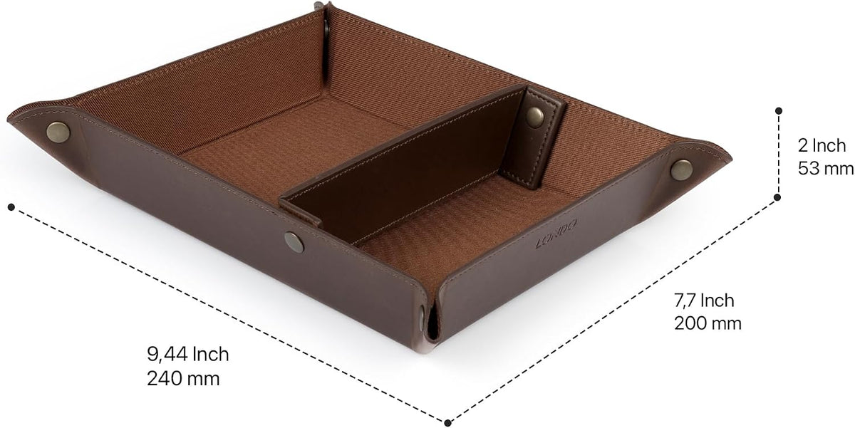 PU Vegan Leather Valet Tray for Men — Catchall EDC for Keys, Wallet, Watch, AirPods — Nightstand & Entryway Tray, Snap Corners Fold Flat for Travel, 9.45 x 7.87 in, Light Brown