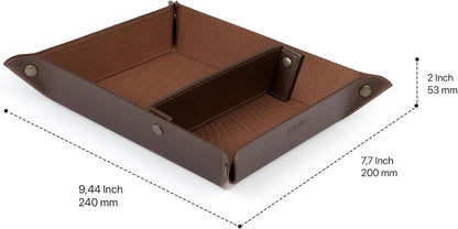 PU Vegan Leather Valet Tray for Men — Catchall EDC for Keys, Wallet, Watch, AirPods — Nightstand & Entryway Tray, Snap Corners Fold Flat for Travel, 9.45 x 7.87 in, Light Brown