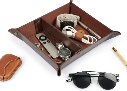PU Vegan Leather Valet Tray for Men — Catchall EDC for Keys, Wallet, Watch, AirPods — Nightstand & Entryway Tray, Snap Corners Fold Flat for Travel, 9.45 x 7.87 in, Light Brown