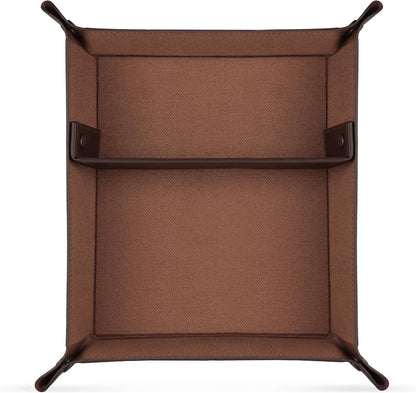 PU Vegan Leather Valet Tray for Men — Catchall EDC for Keys, Wallet, Watch, AirPods — Nightstand & Entryway Tray, Snap Corners Fold Flat for Travel, 9.45 x 7.87 in, Light Brown