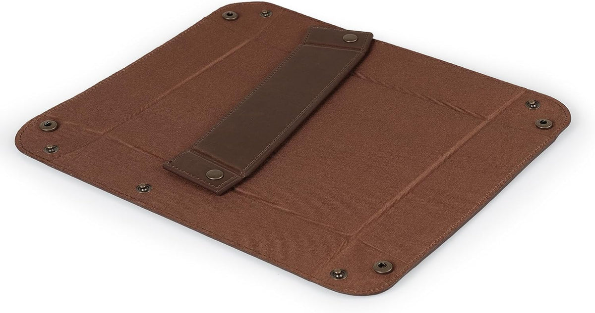 PU Vegan Leather Valet Tray for Men — Catchall EDC for Keys, Wallet, Watch, AirPods — Nightstand & Entryway Tray, Snap Corners Fold Flat for Travel, 9.45 x 7.87 in, Light Brown