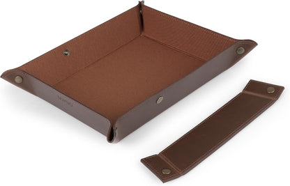 PU Vegan Leather Valet Tray for Men — Catchall EDC for Keys, Wallet, Watch, AirPods — Nightstand & Entryway Tray, Snap Corners Fold Flat for Travel, 9.45 x 7.87 in, Light Brown