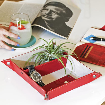 PU Vegan Leather Valet Tray for Men — Catchall EDC for Keys, Wallet, Watch, AirPods — Nightstand & Entryway Tray, Snap Corners Fold Flat for Travel, 9.45 x 7.87 in, Light Brown