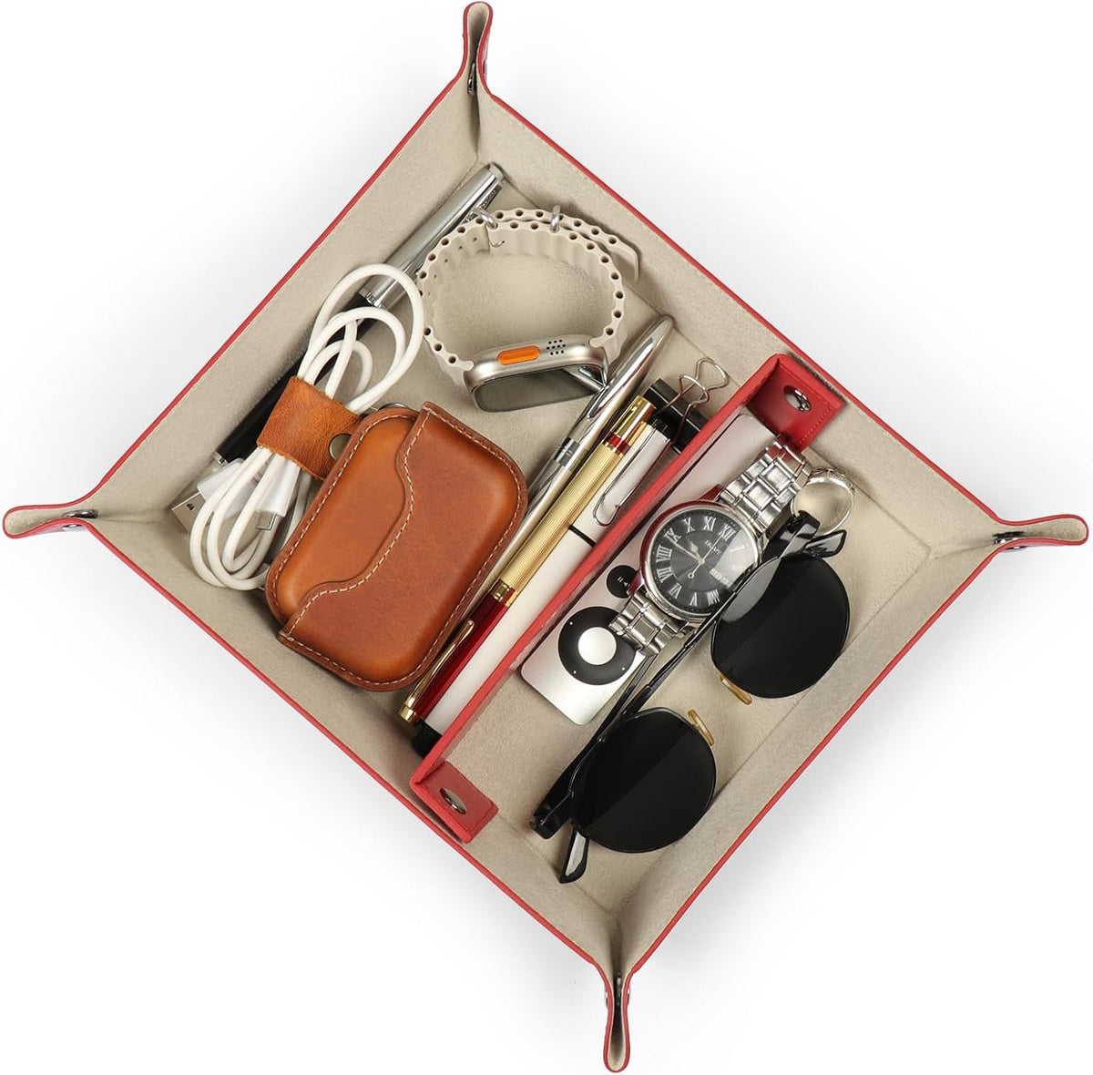 PU Vegan Leather Valet Tray for Men — Catchall EDC for Keys, Wallet, Watch, AirPods — Nightstand & Entryway Tray, Snap Corners Fold Flat for Travel, 9.45 x 7.87 in, Light Brown