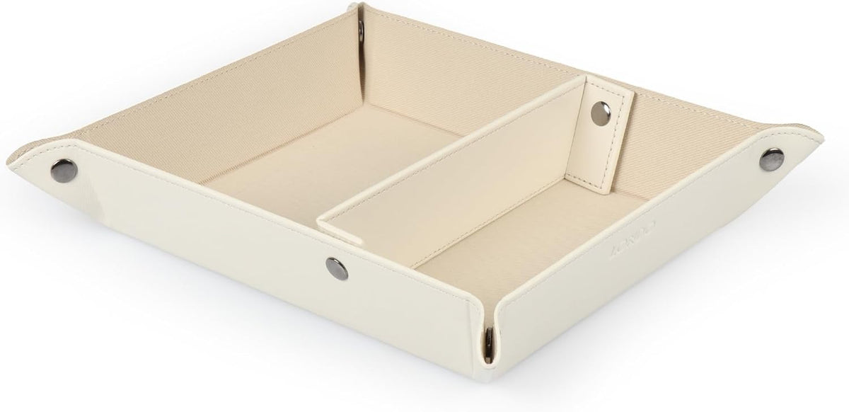 PU Vegan Leather Valet Tray for Men — Catchall EDC for Keys, Wallet, Watch, AirPods — Nightstand & Entryway Tray, Snap Corners Fold Flat for Travel, 9.45 x 7.87 in, Light Brown