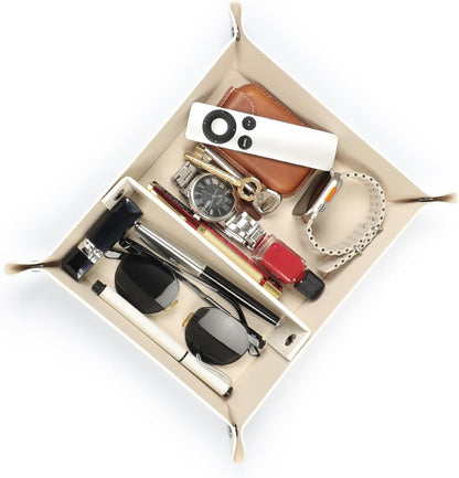 PU Vegan Leather Valet Tray for Men — Catchall EDC for Keys, Wallet, Watch, AirPods — Nightstand & Entryway Tray, Snap Corners Fold Flat for Travel, 9.45 x 7.87 in, Light Brown