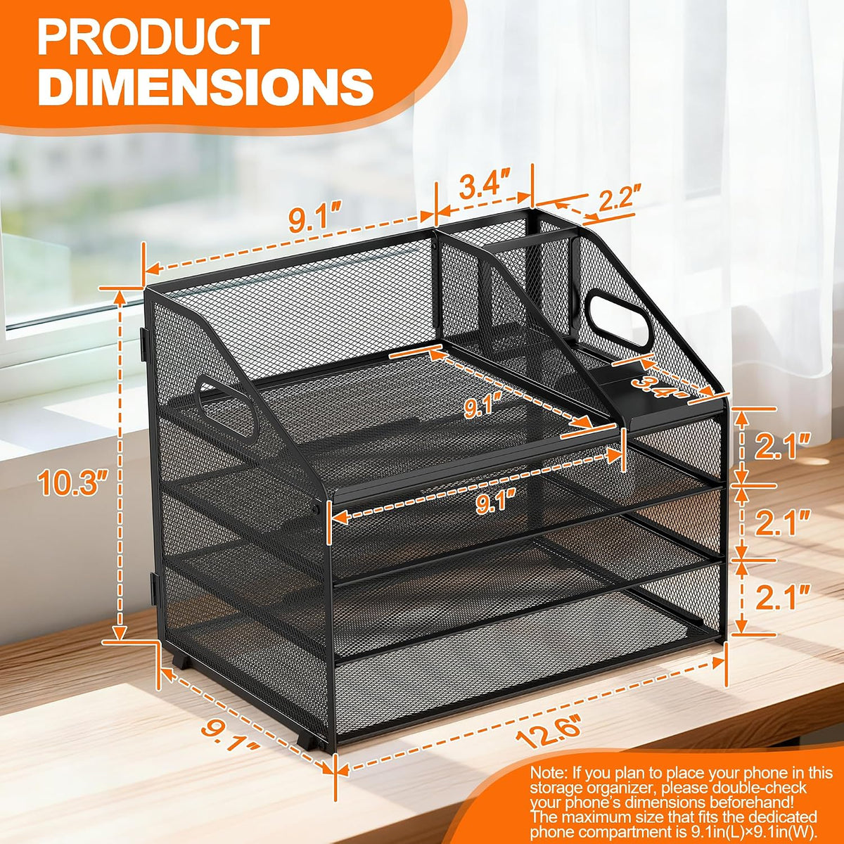 4 Tier Metal Mesh Desk File Organizer with Phone Shelf, Black
