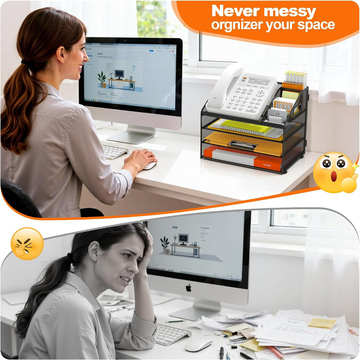 4 Tier Metal Mesh Desk File Organizer with Phone Shelf, Black