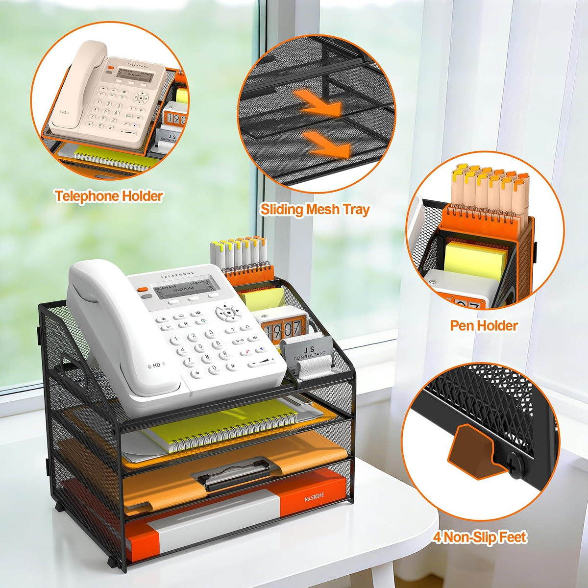 4 Tier Metal Mesh Desk File Organizer with Phone Shelf, Black