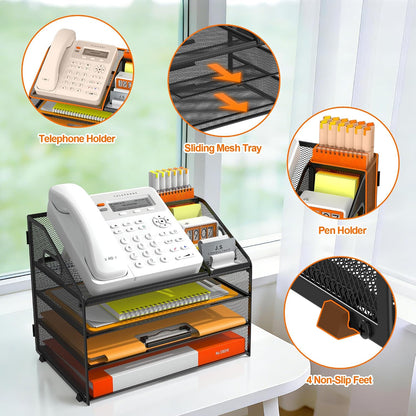 4 Tier Metal Mesh Desk File Organizer with Phone Shelf, Black