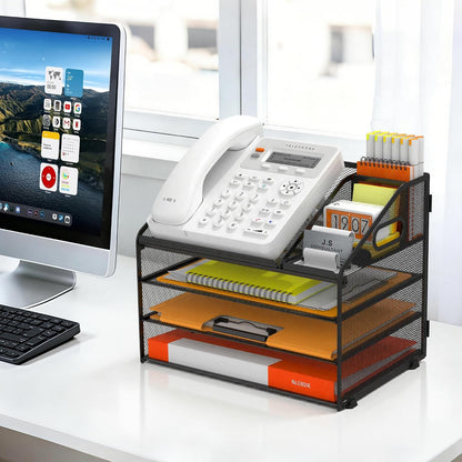 4 Tier Metal Mesh Desk File Organizer with Phone Shelf, Black