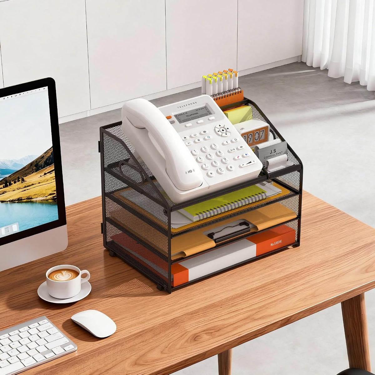 4 Tier Metal Mesh Desk File Organizer with Phone Shelf, Black