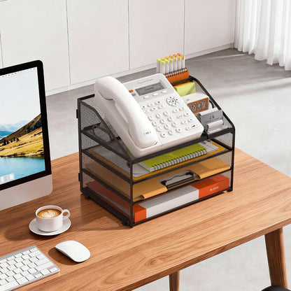 4 Tier Metal Mesh Desk File Organizer with Phone Shelf, Black
