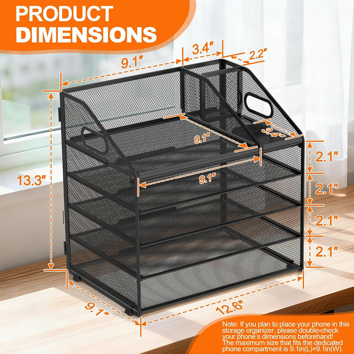 4 Tier Metal Mesh Desk File Organizer with Phone Shelf, Black