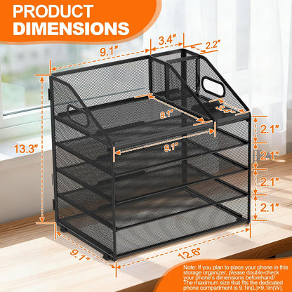 4 Tier Metal Mesh Desk File Organizer with Phone Shelf, Black