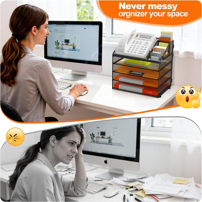 4 Tier Metal Mesh Desk File Organizer with Phone Shelf, Black